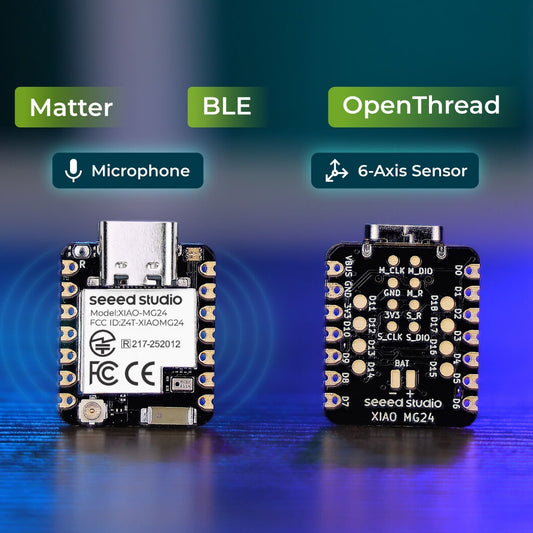 Seeed Studio XIAO MG24 Sense - Silicon Labs EFR32MG24, Matter® Native over Thread® /BLE 5.3, Arduino® Compatible, 1.95μA Ultra-Low-Power, On-Board IMU/Micphone/Antenna, 19 GPIOs