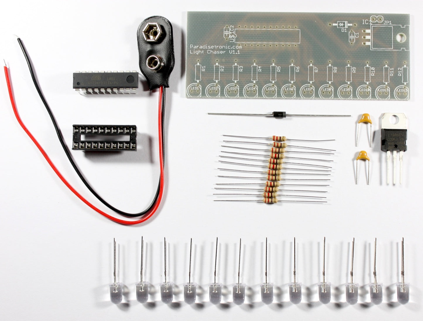 Lauflichtbausatz V1.1 mit 12 superhellen LEDs und Atmel AVR Mikrocontroller