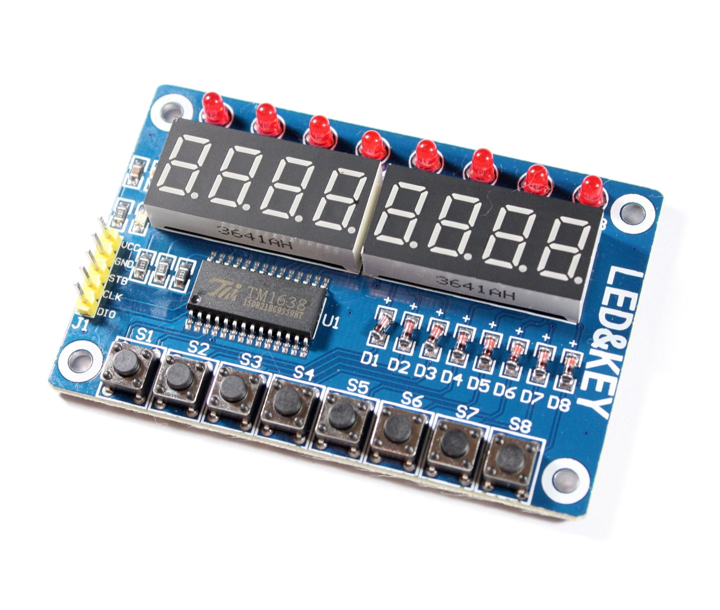 Erweiterungsboard mit je 8 LEDs, 7-Segment-Anzeigen und Taster, TM1638