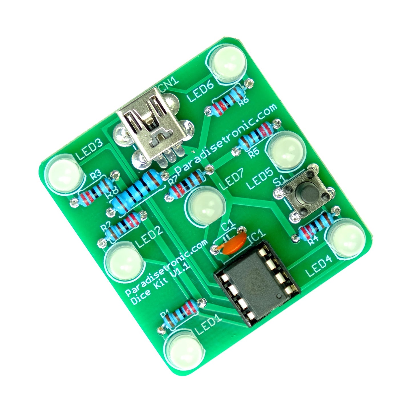 Würfelbausatz / Dice Kit mit grüner Platine, weißdiffusen LEDs und Atmel AVR Mikrocontroller