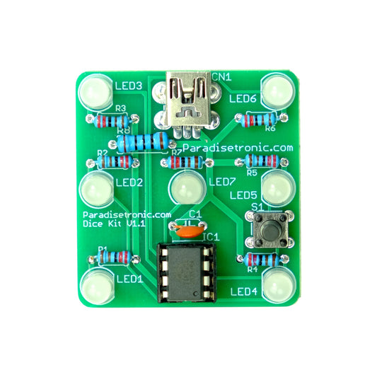 Würfelbausatz / Dice Kit mit grüner Platine, weißdiffusen LEDs und Atmel AVR Mikrocontroller