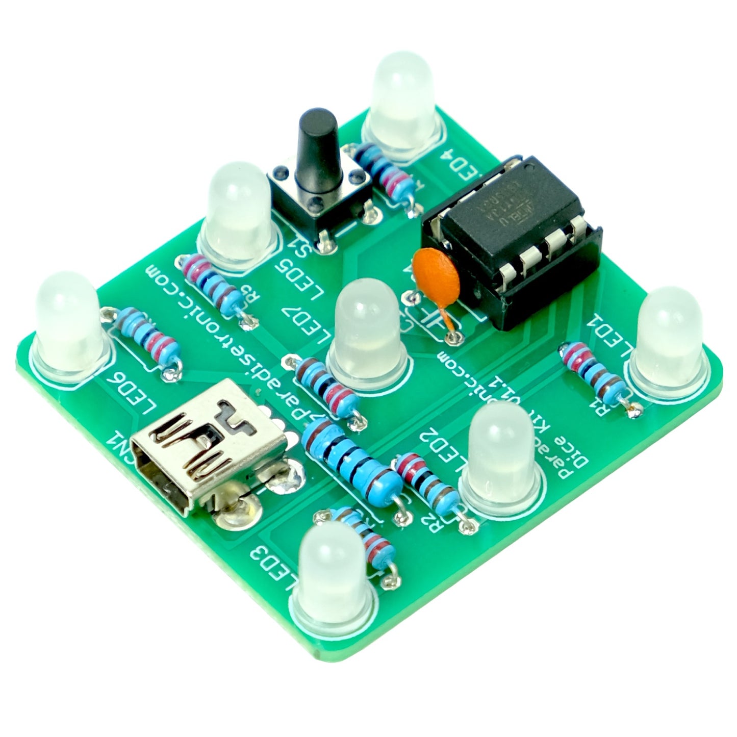 Würfelbausatz / Dice Kit mit grüner Platine, weißdiffusen LEDs und Atmel AVR Mikrocontroller