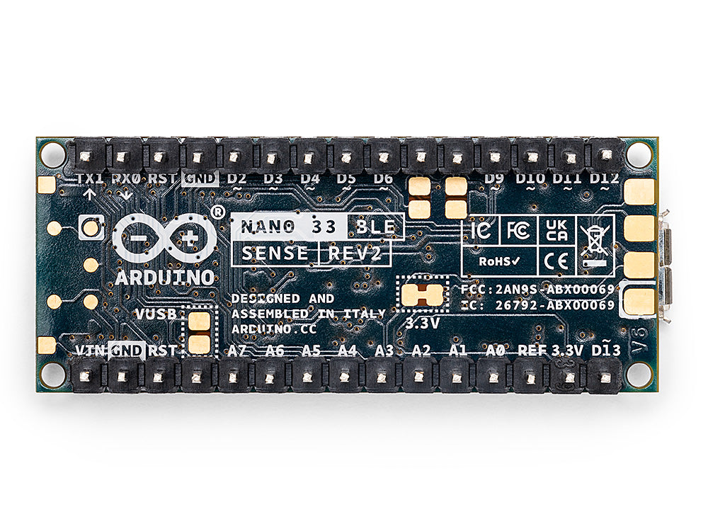 Arduino Nano 33 BLE Sense Rev2 mit angelöteten Stiftleisten