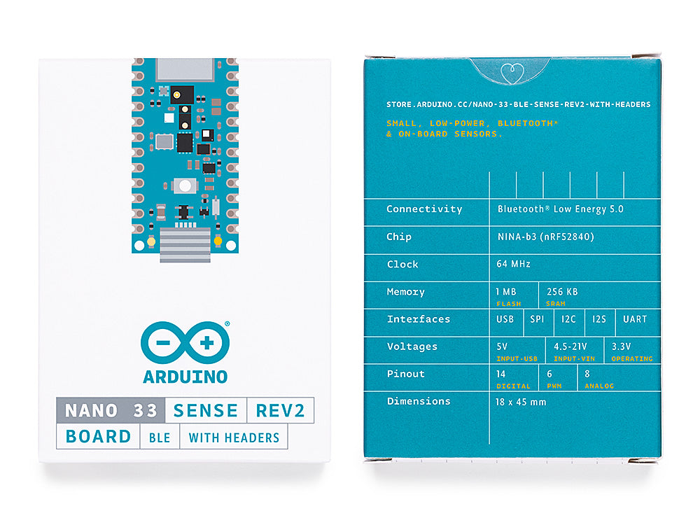 Arduino Nano 33 BLE Sense Rev2 mit angelöteten Stiftleisten