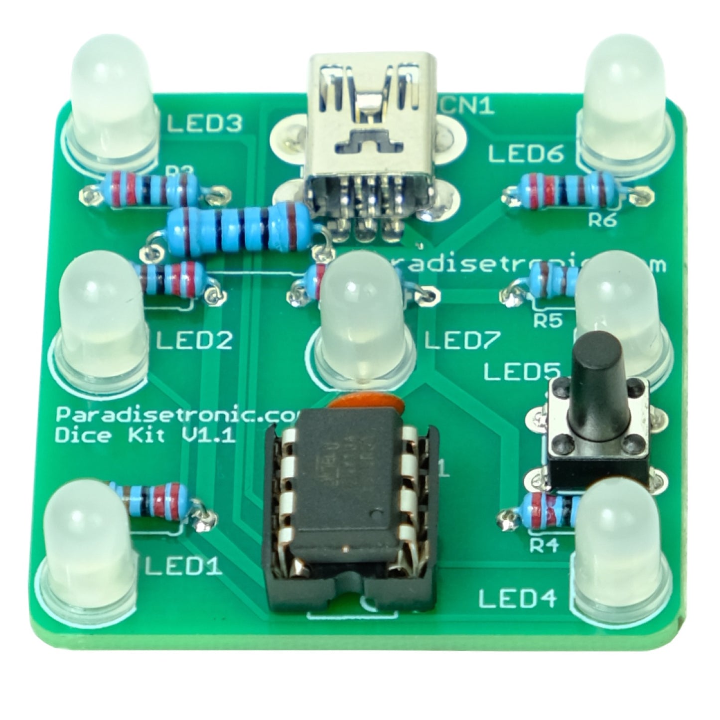 Würfelbausatz / Dice Kit mit grüner Platine, weißdiffusen LEDs und Atmel AVR Mikrocontroller